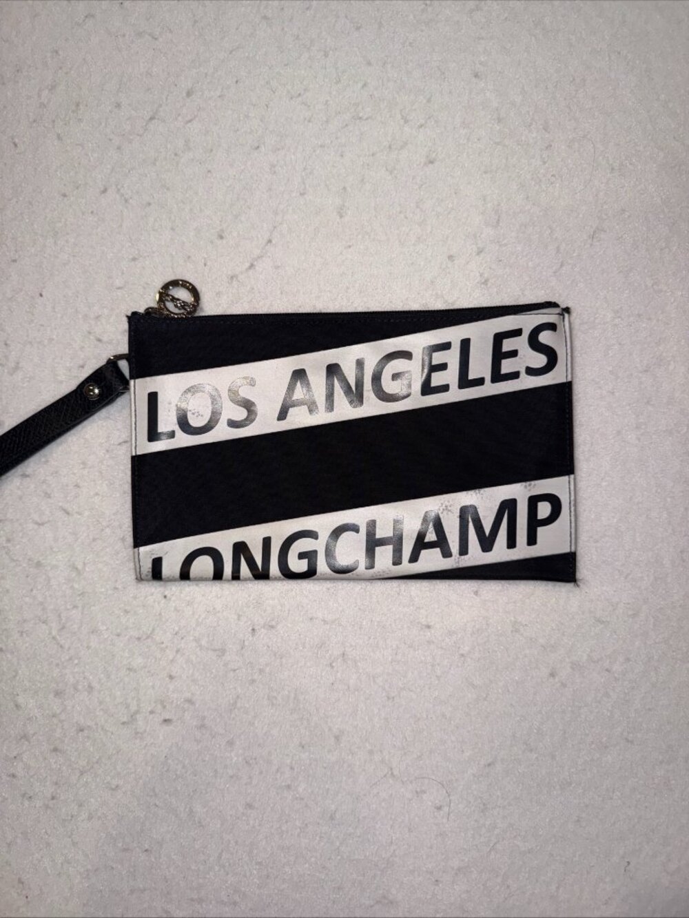 Longchamp Black & White Los Angeles Zip Wristlet Pouch w/ Wrist Strap